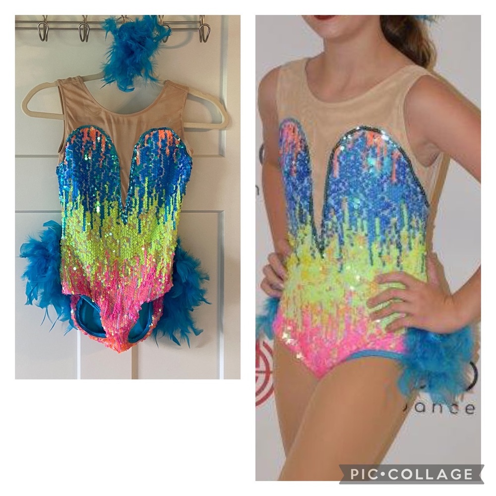 Bright sequined and blue feathers dance costume size LC Large Child.